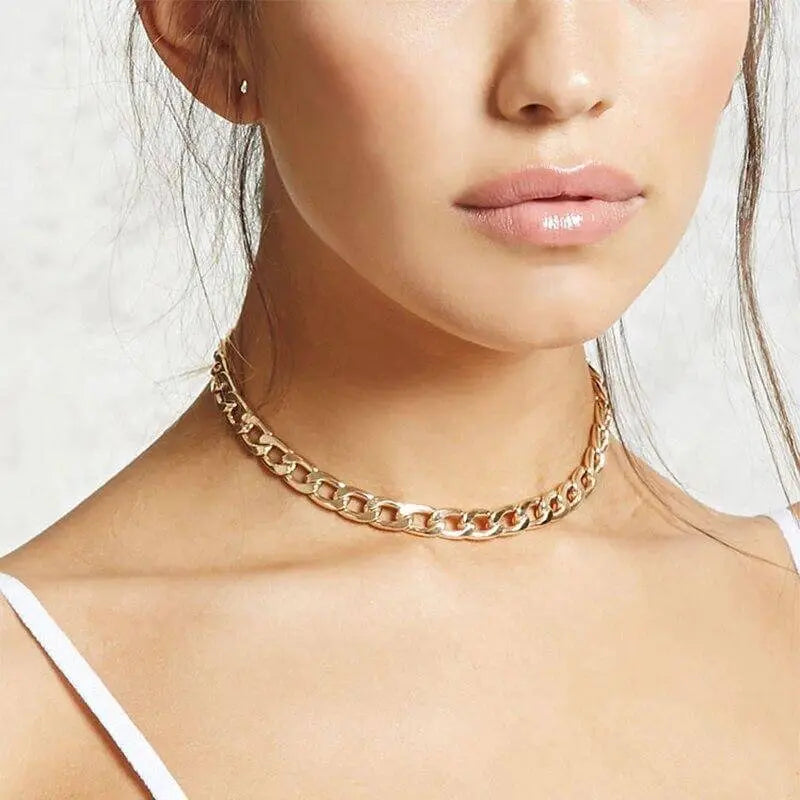 Gold Flat Chain Link Chunky Choker Style Necklace